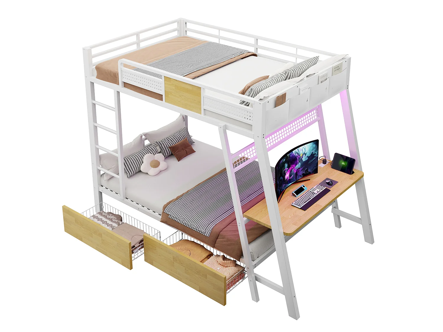 Lit superposé enfant 90x200 cm avec bureau, USB , 2 tiroirs et LED - Métal blanc