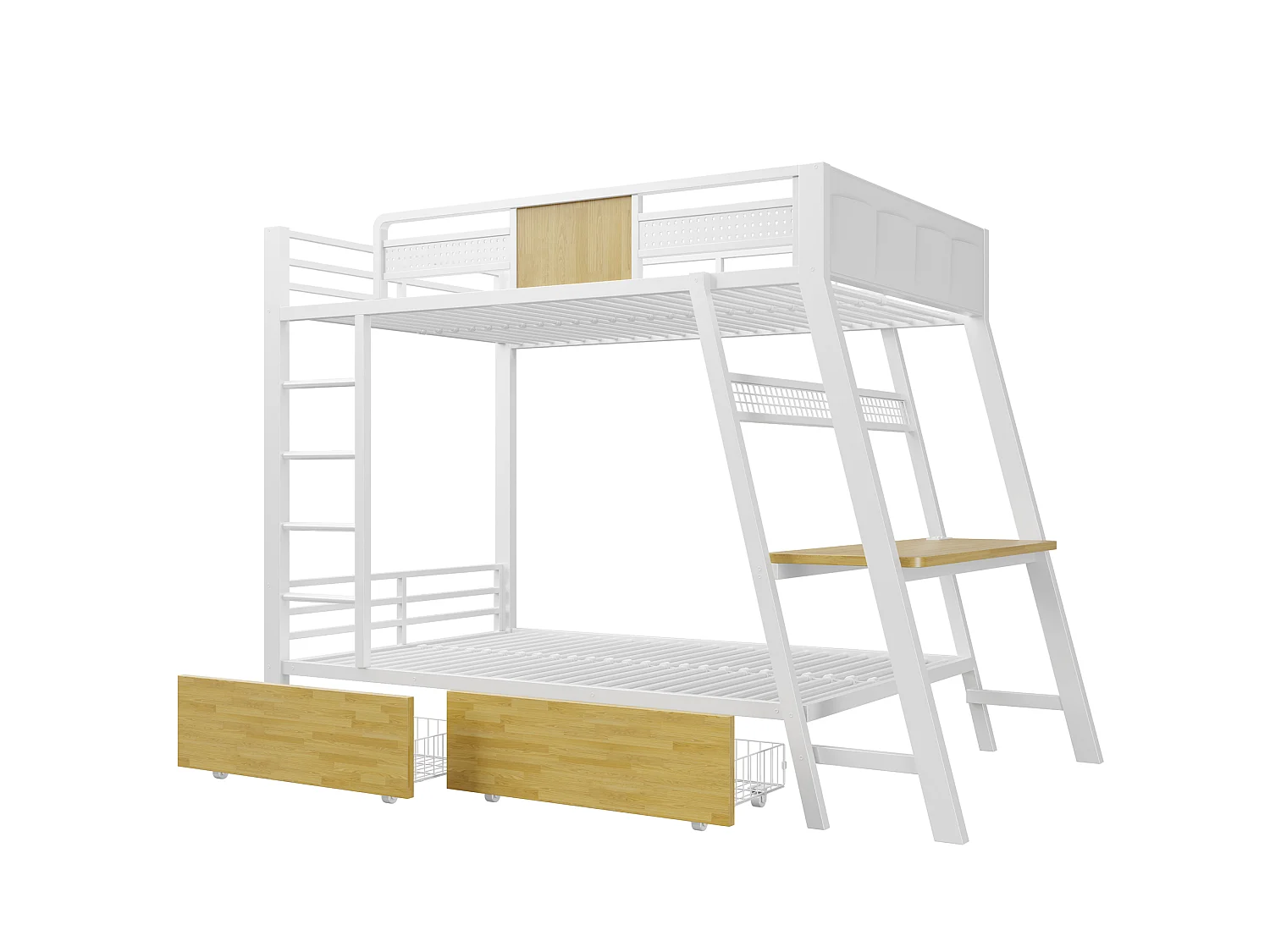 Lit superposé enfant 90x200 cm avec bureau, USB , 2 tiroirs et LED - Métal blanc