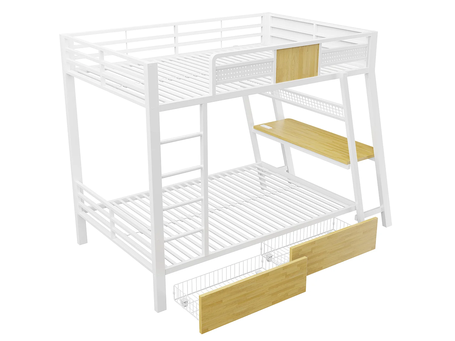 Lit superposé enfant 90x200 cm avec bureau, USB , 2 tiroirs et LED - Métal blanc