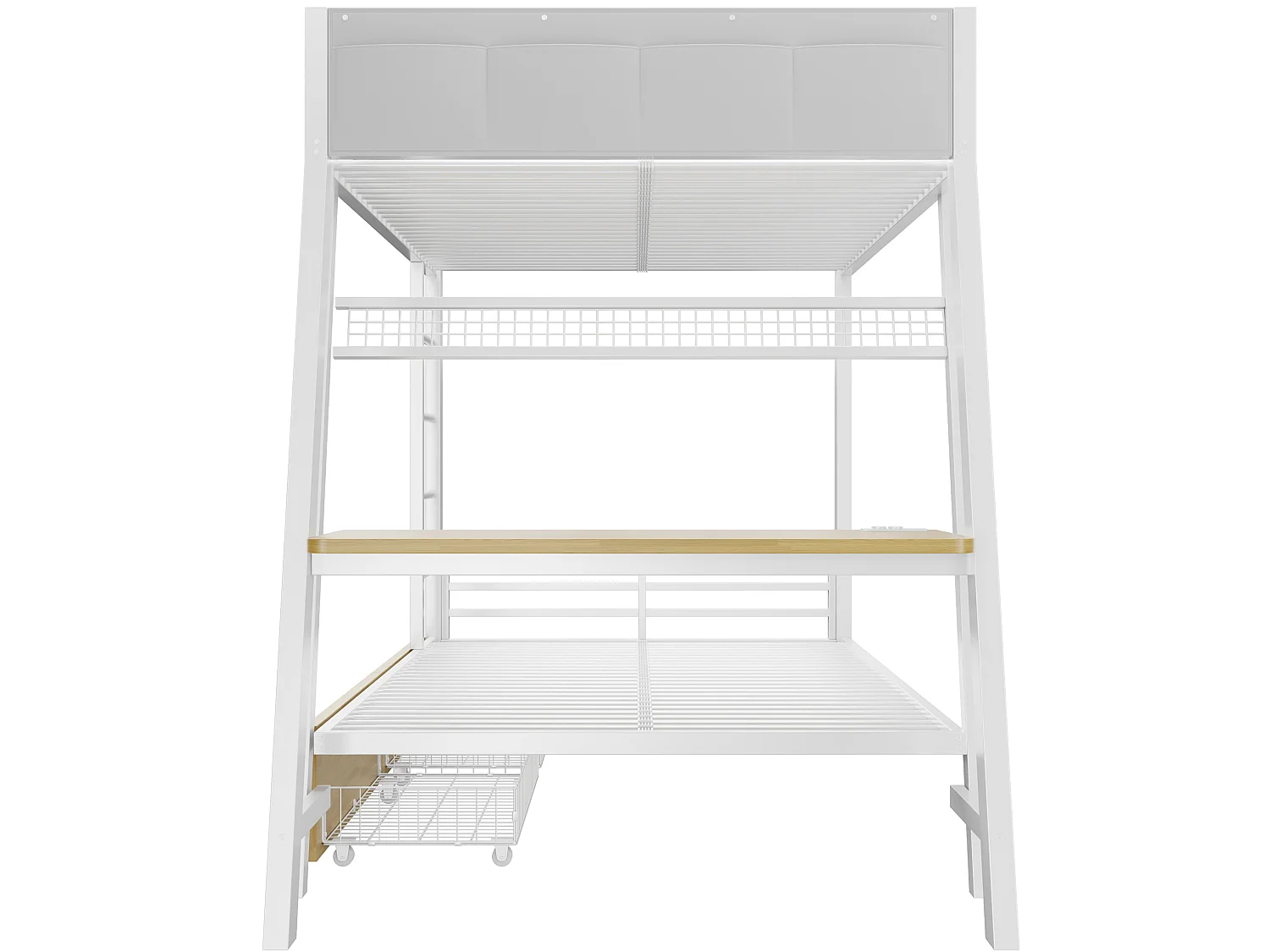 Lit superposé enfant 90x200 cm avec bureau, USB , 2 tiroirs et LED - Métal blanc