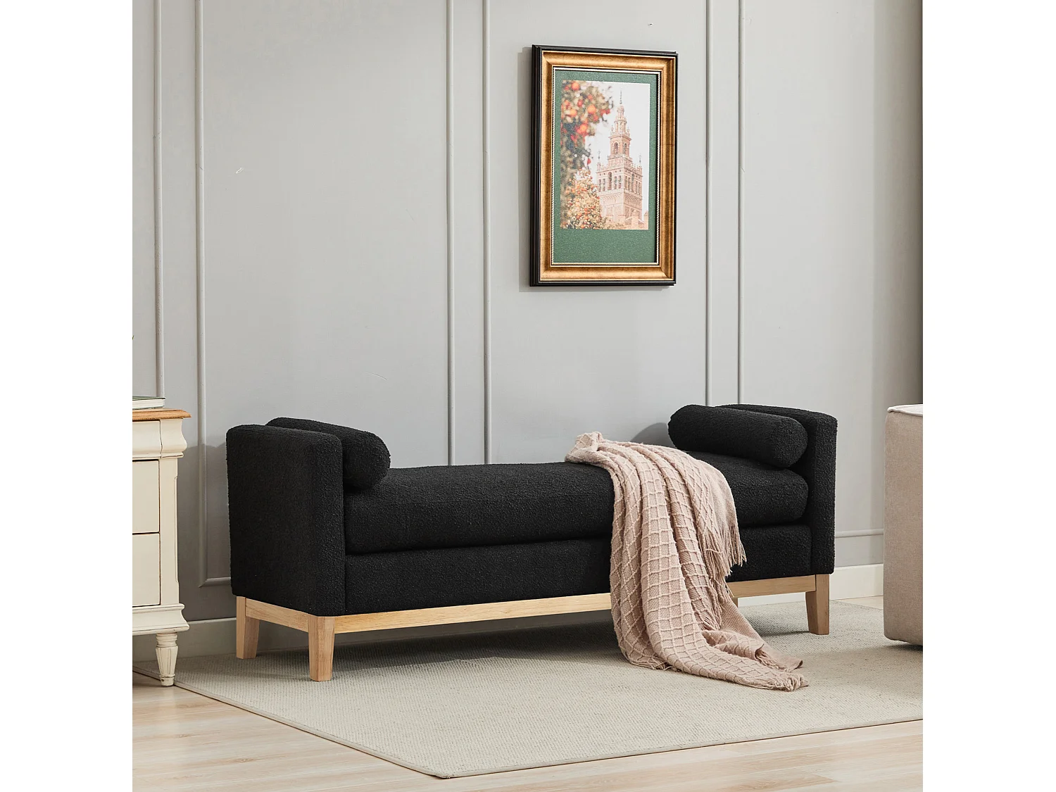 Banc d'entrée en bois et tissu avec 2 coussins - Noir 149x50x63.5 cm