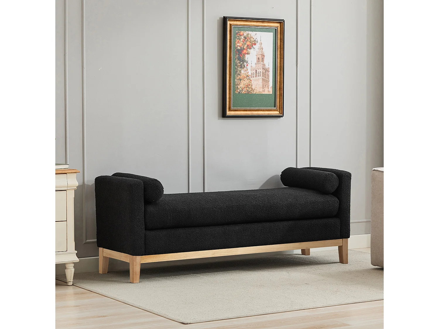 Banc d'entrée en bois et tissu avec 2 coussins - Noir 149x50x63.5 cm