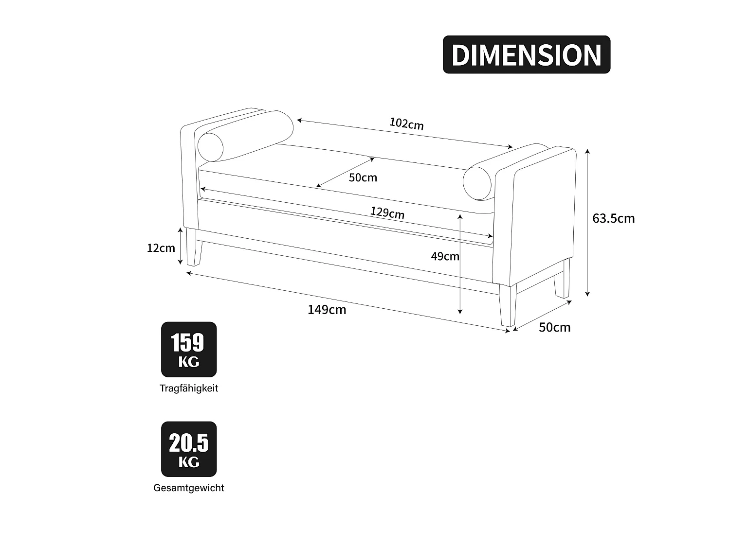 Banc d'entrée en bois et tissu avec 2 coussins - Noir 149x50x63.5 cm