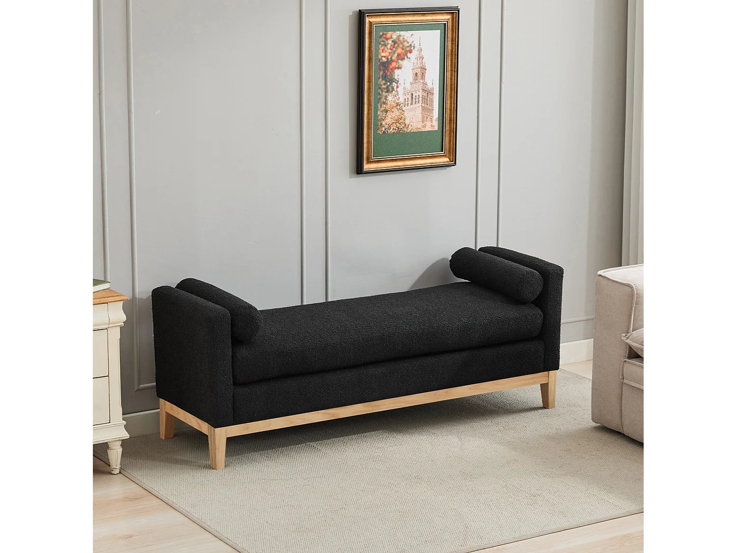 Banc d'entrée en bois et tissu avec 2 coussins - Noir 149x50x63.5 cm