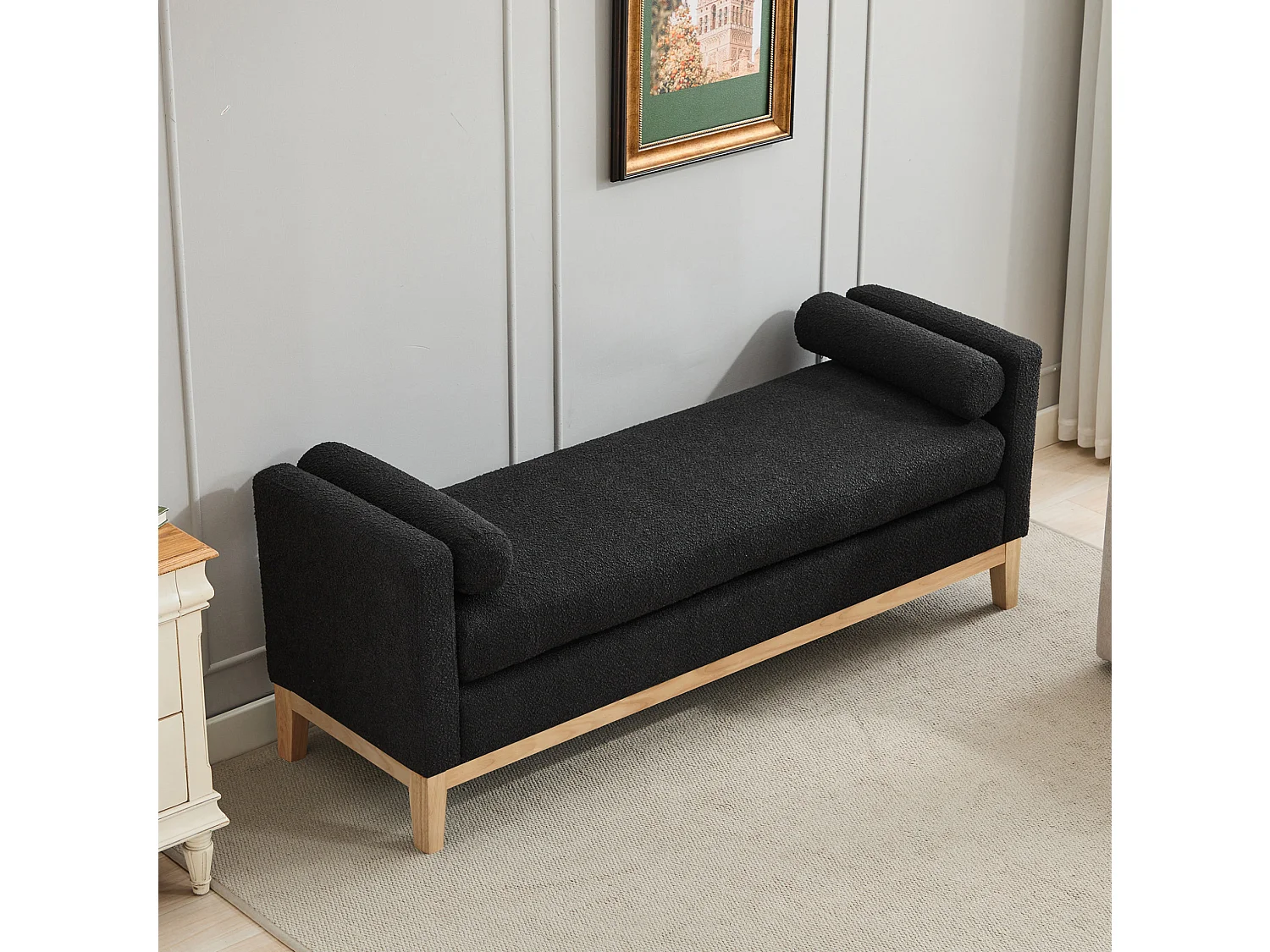 Banc d'entrée en bois et tissu avec 2 coussins - Noir 149x50x63.5 cm