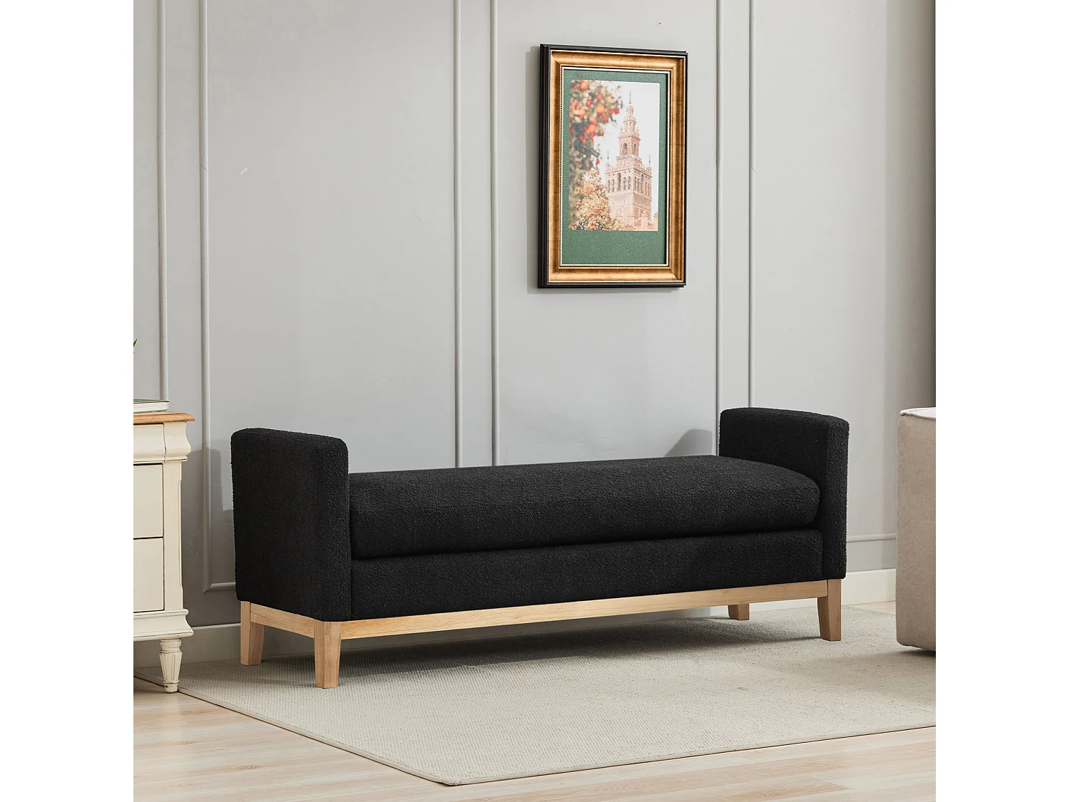 Banc d'entrée en bois et tissu avec 2 coussins - Noir 149x50x63.5 cm