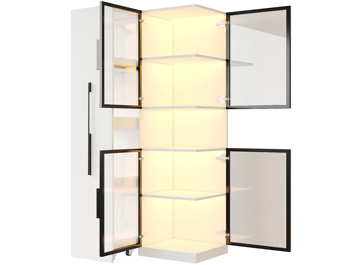 LED-vitrinskåp med 4 dörrar och skjutbara hyllor - MDF och glas - Vit