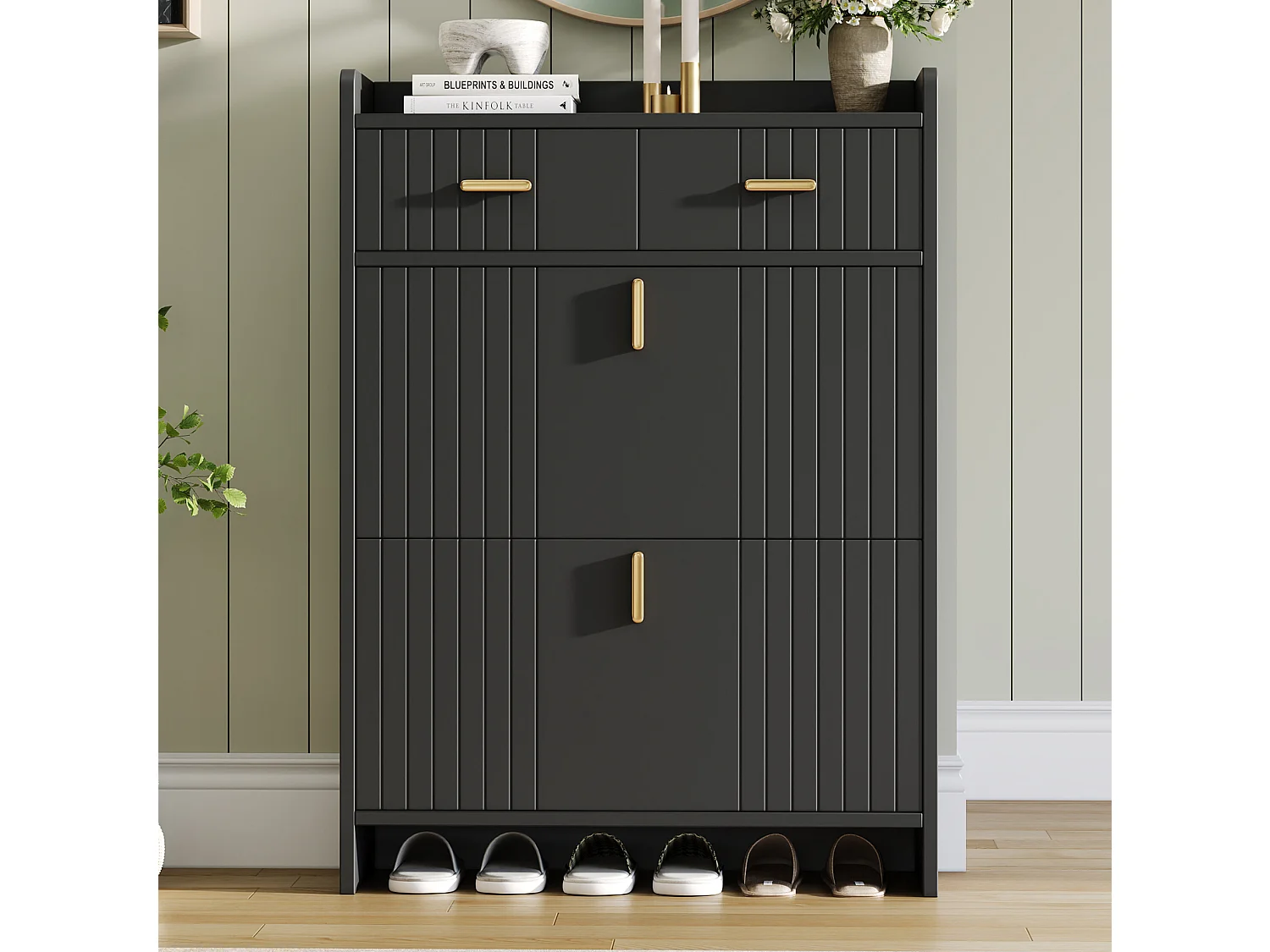 Scarpiera con ante a ribalta e 2 cassetti - Nera 75 × 24 × 108,5 cm