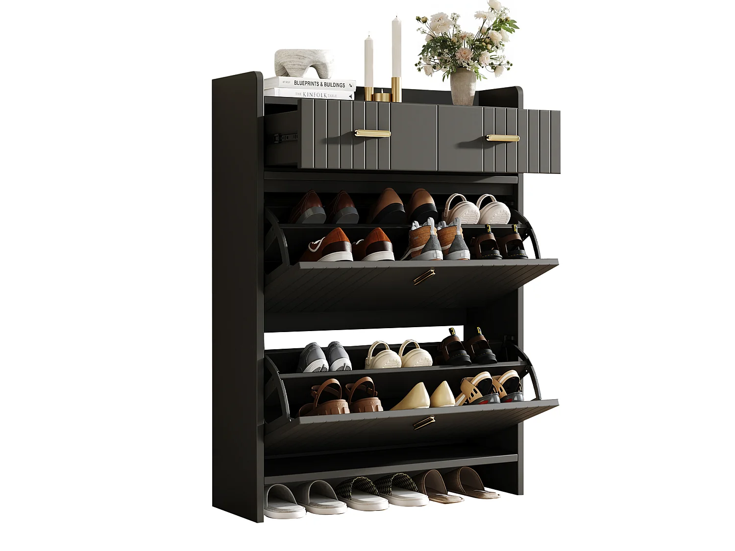 Scarpiera con ante a ribalta e 2 cassetti - Nera 75 × 24 × 108,5 cm