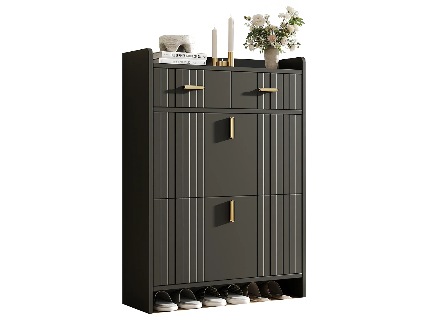 Scarpiera con ante a ribalta e 2 cassetti - Nera 75 × 24 × 108,5 cm