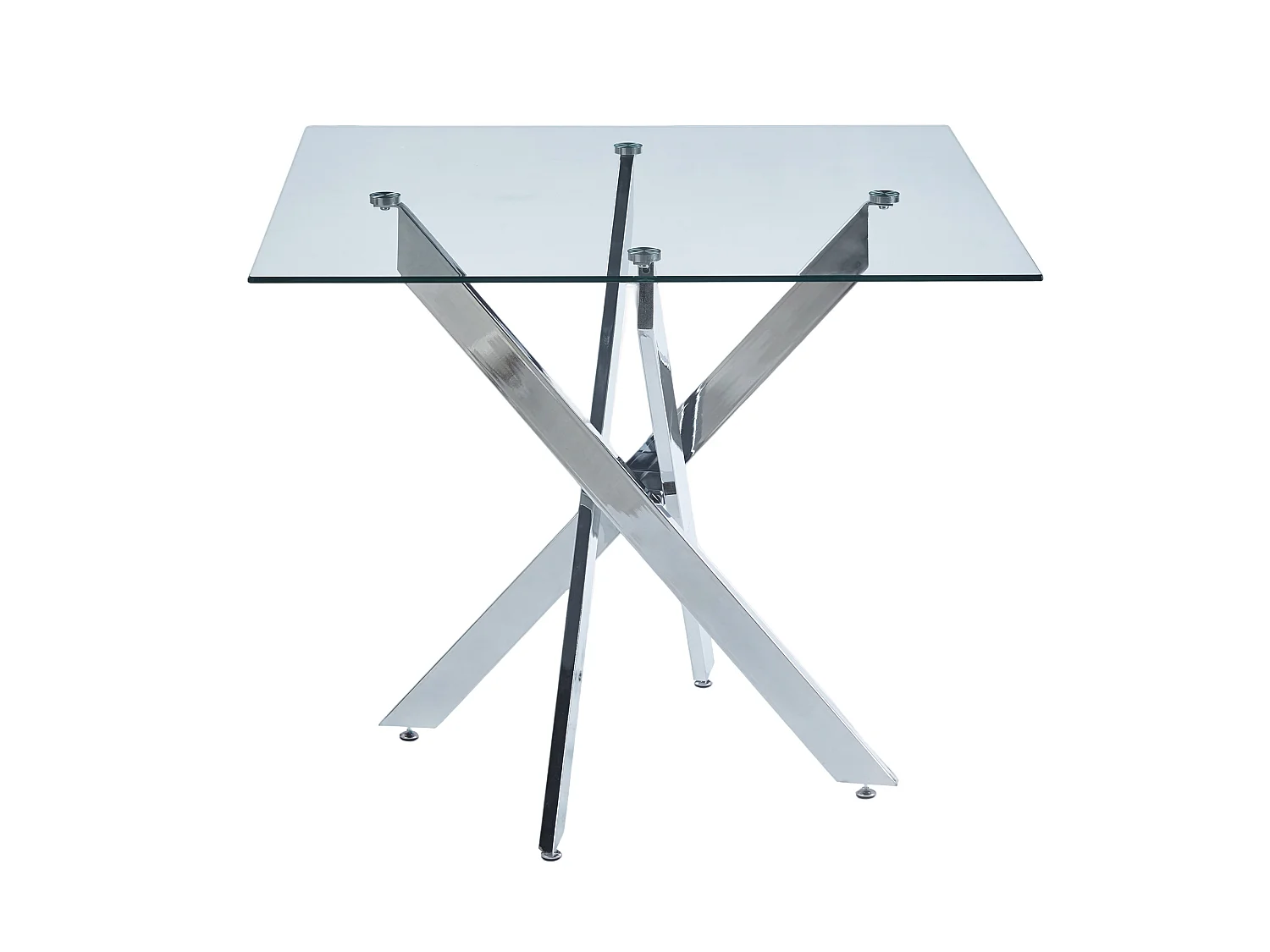 Table carrée 80x80 cm en verre trempé, pieds métal chromé, design moderne, salle à manger