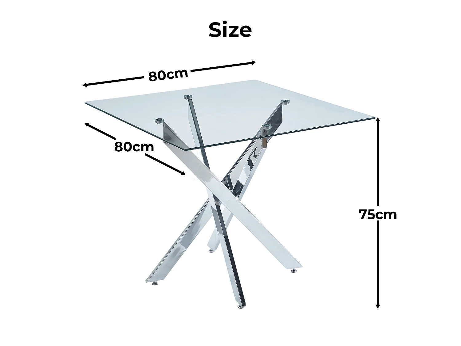 Table carrée 80x80 cm en verre trempé, pieds métal chromé, design moderne, salle à manger