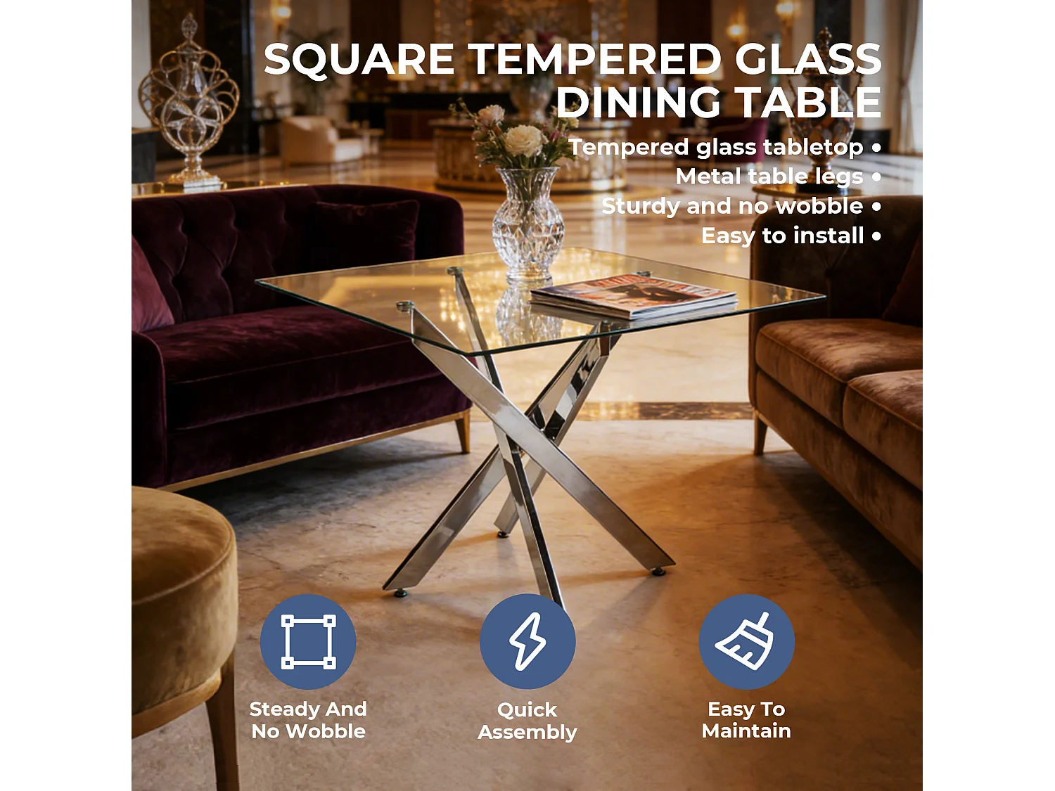 Table carrée 80x80 cm en verre trempé, pieds métal chromé, design moderne, salle à manger