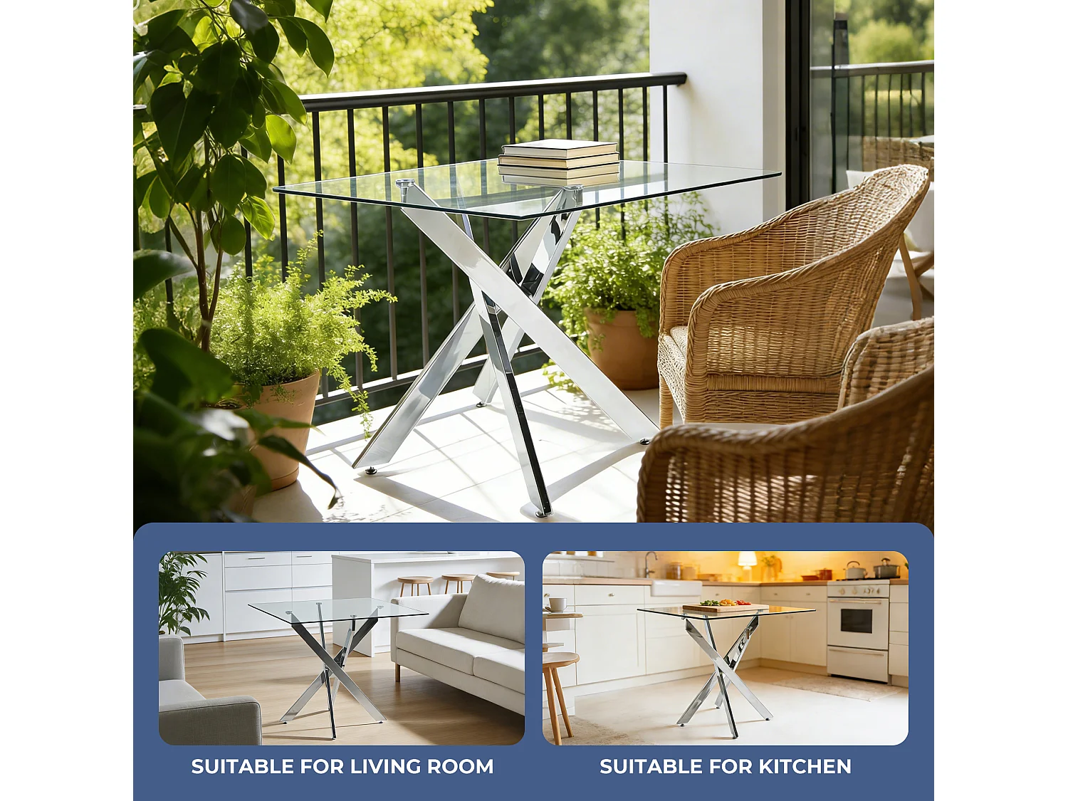 Table carrée 80x80 cm en verre trempé, pieds métal chromé, design moderne, salle à manger
