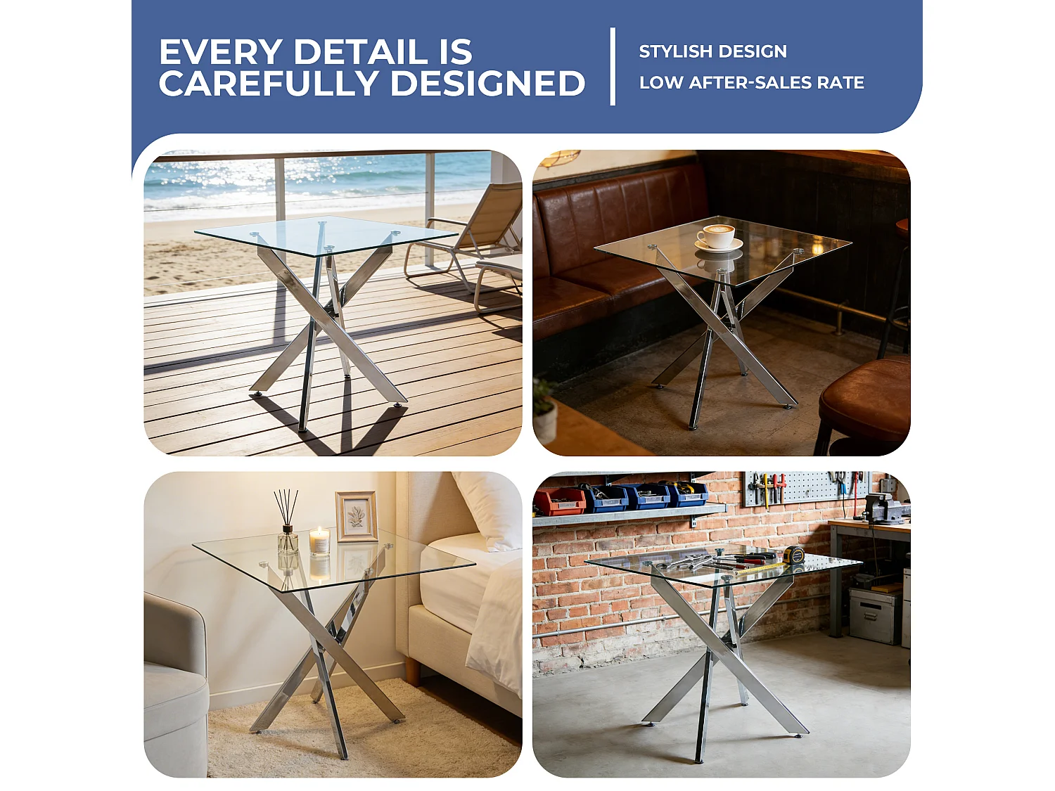 Table carrée 80x80 cm en verre trempé, pieds métal chromé, design moderne, salle à manger