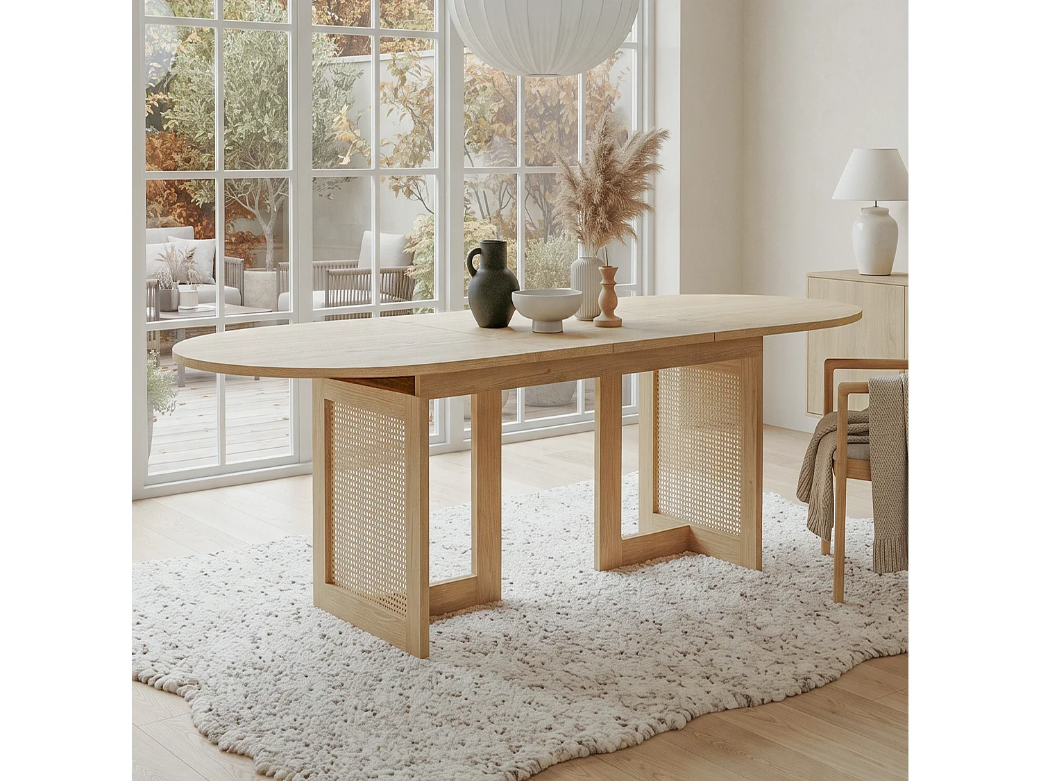 Table à manger extensible 150/200x90 cm avec bords arrondis - Pour 6-8 personnes - Naturel clair