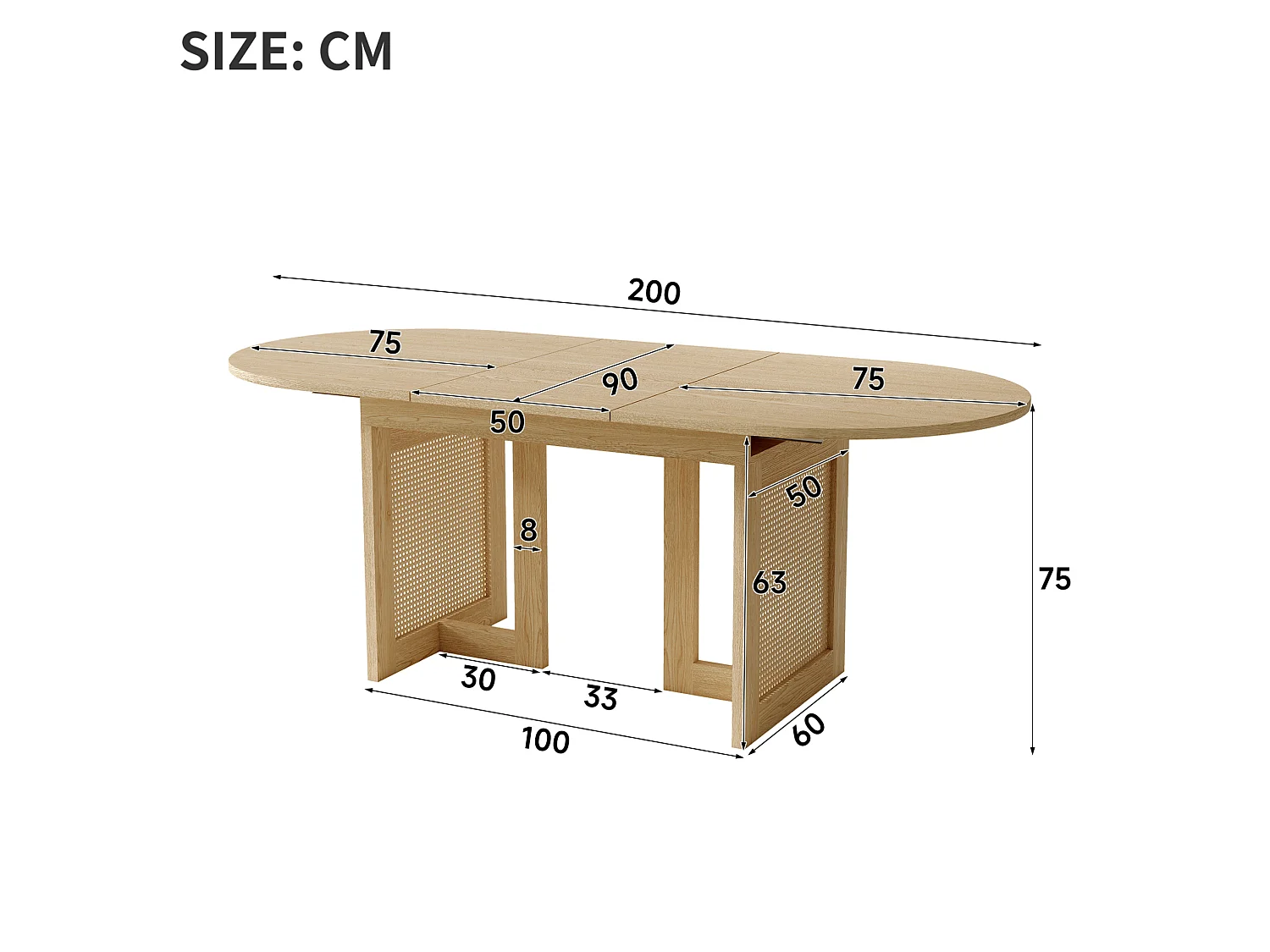 Table à manger extensible 150/200x90 cm avec bords arrondis - Pour 6-8 personnes - Naturel clair