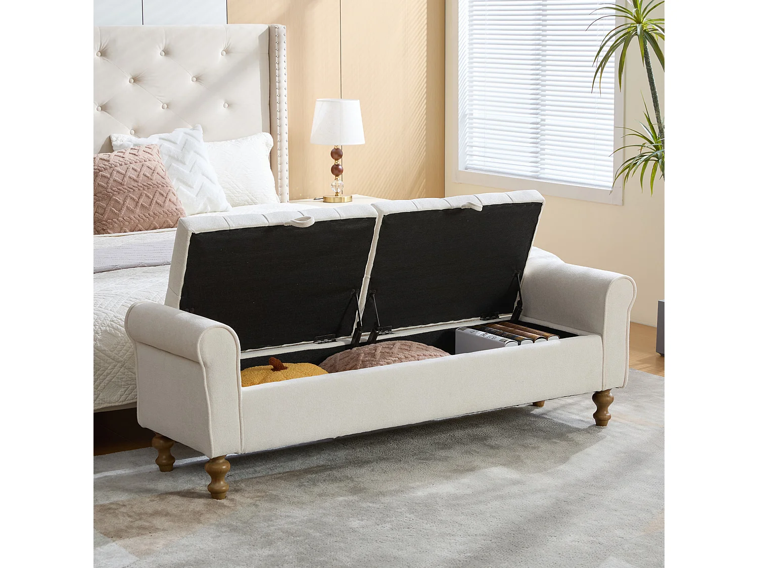 Bout de lit 156x46x51 cm chenille avec rangement - Pieds en bois - Beige