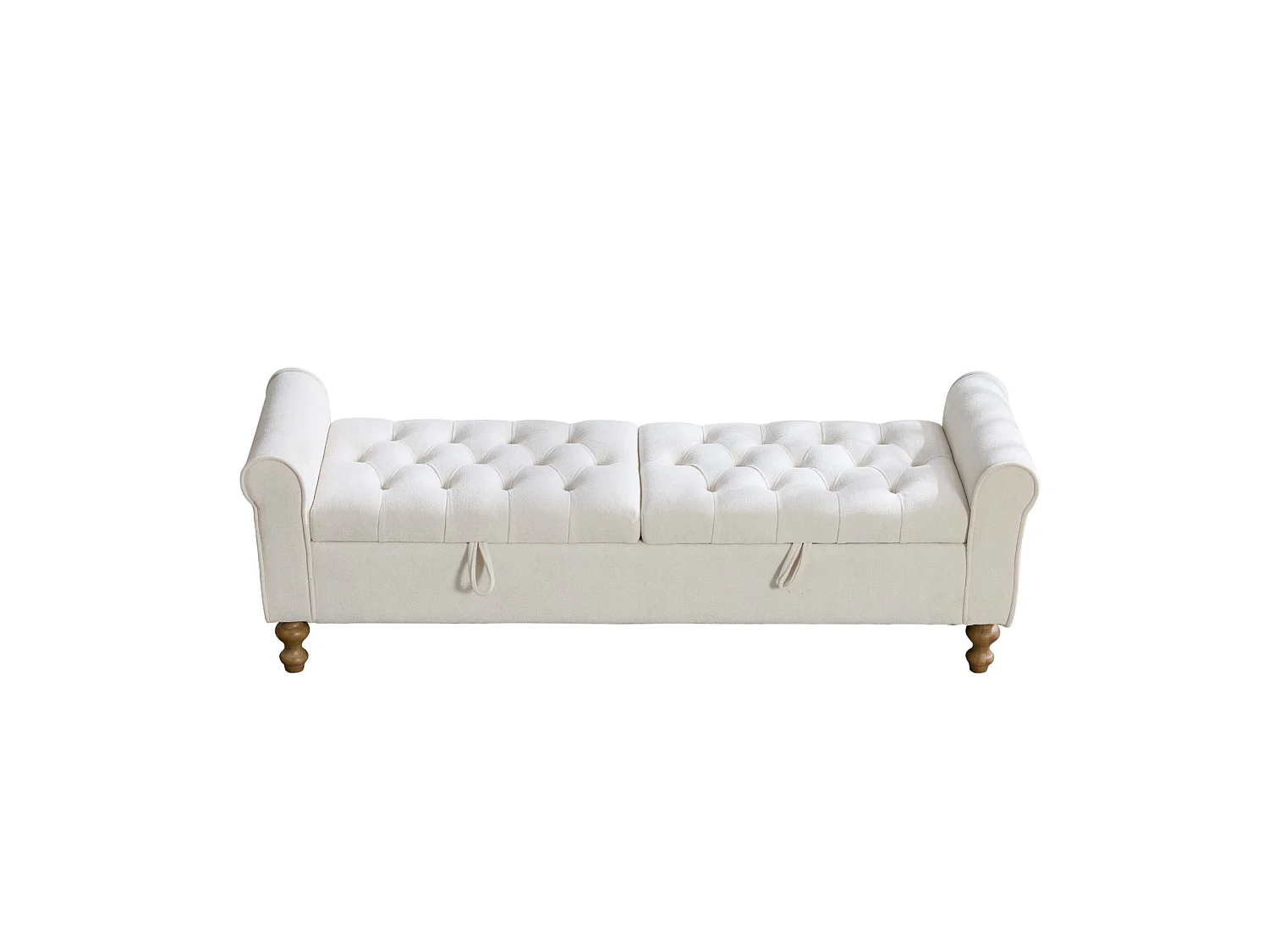 Bout de lit 156x46x51 cm chenille avec rangement - Pieds en bois - Beige