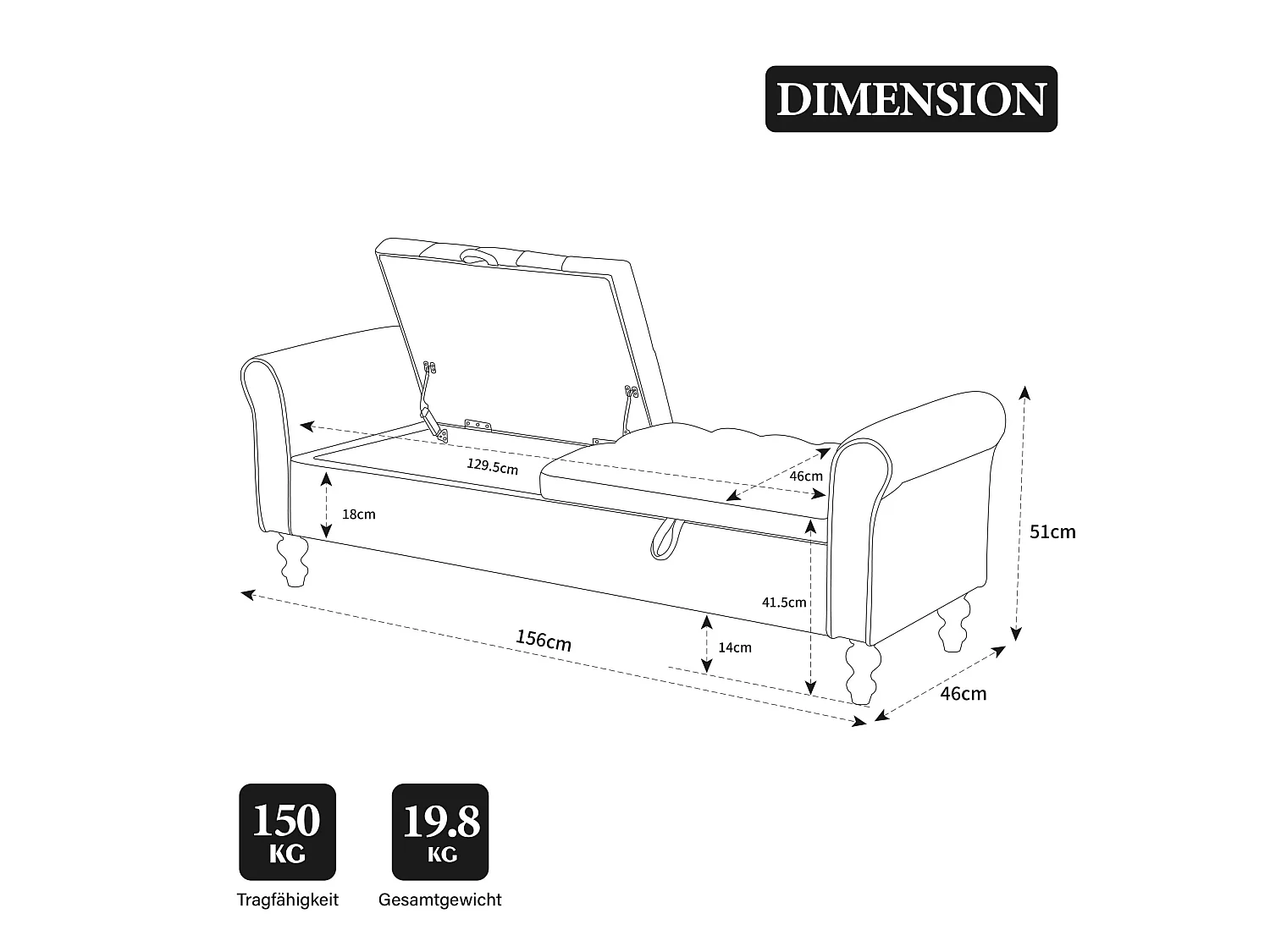 Bout de lit 156x46x51 cm chenille avec rangement - Pieds en bois - Beige