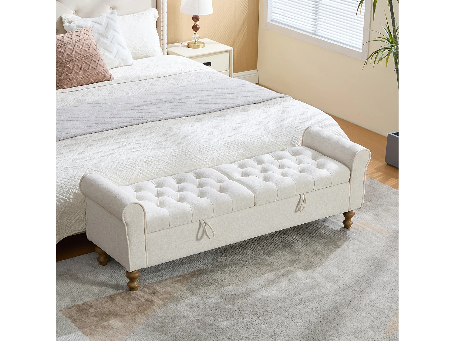 Bout de lit 156x46x51 cm chenille avec rangement - Pieds en bois - Beige