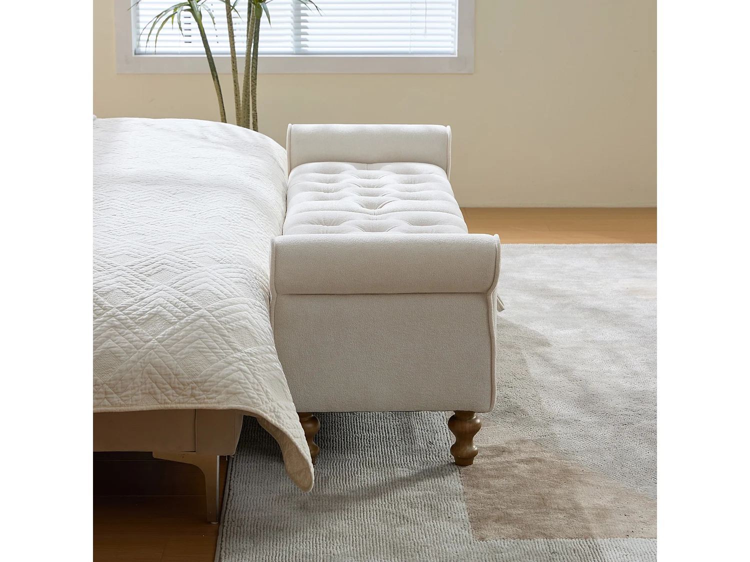 Bout de lit 156x46x51 cm chenille avec rangement - Pieds en bois - Beige