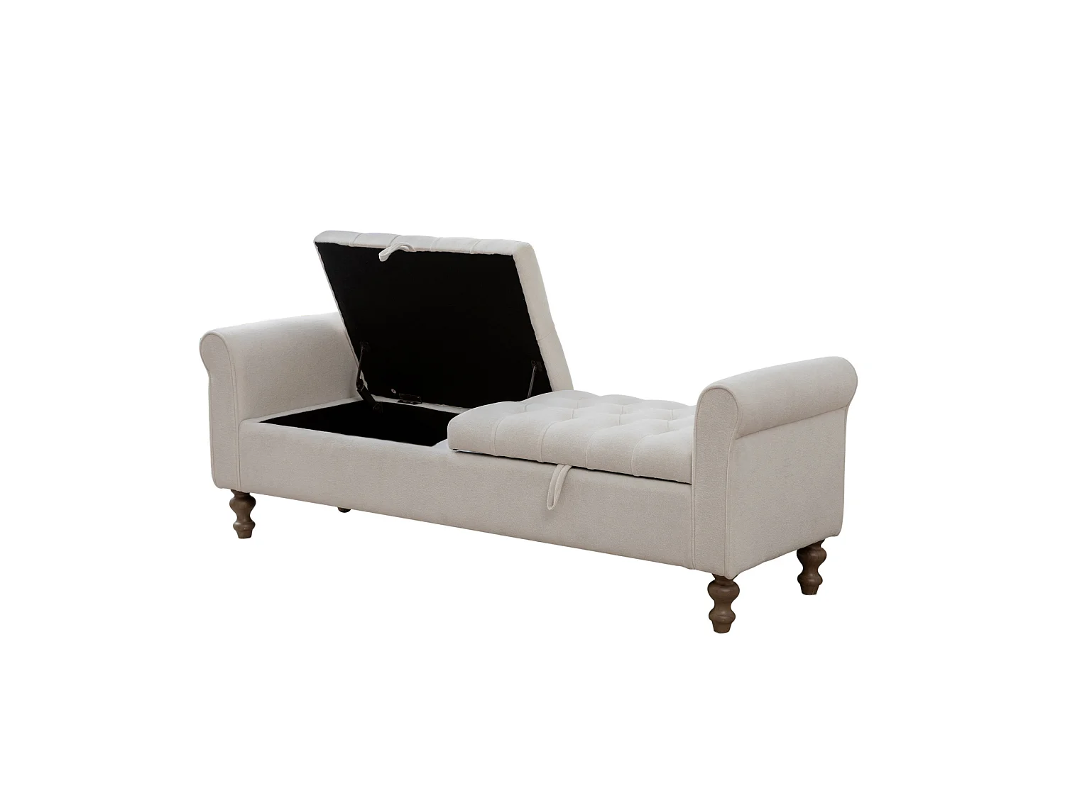 Bout de lit 156x46x51 cm chenille avec rangement - Pieds en bois - Beige