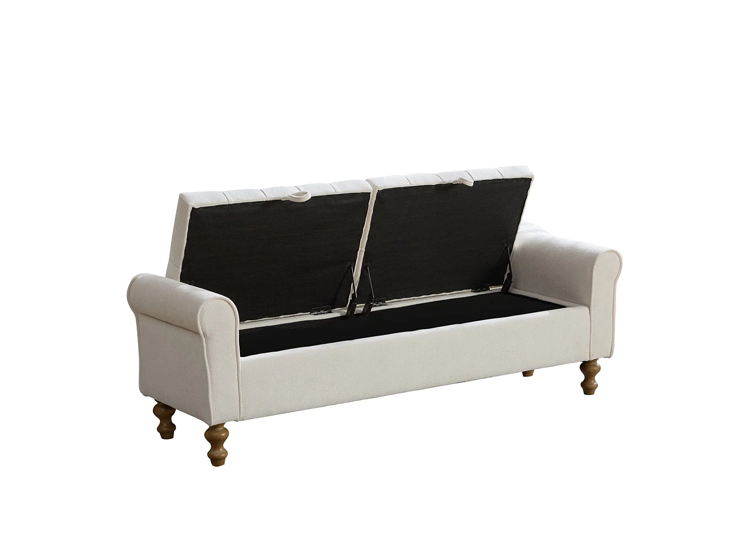 Bout de lit 156x46x51 cm chenille avec rangement - Pieds en bois - Beige