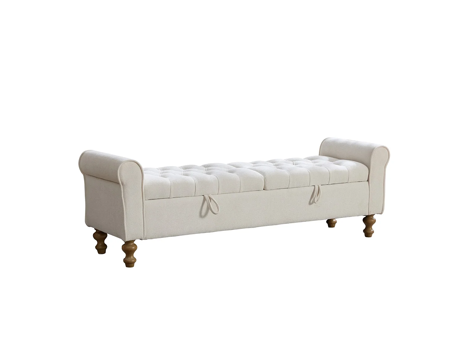 Bout de lit 156x46x51 cm chenille avec rangement - Pieds en bois - Beige