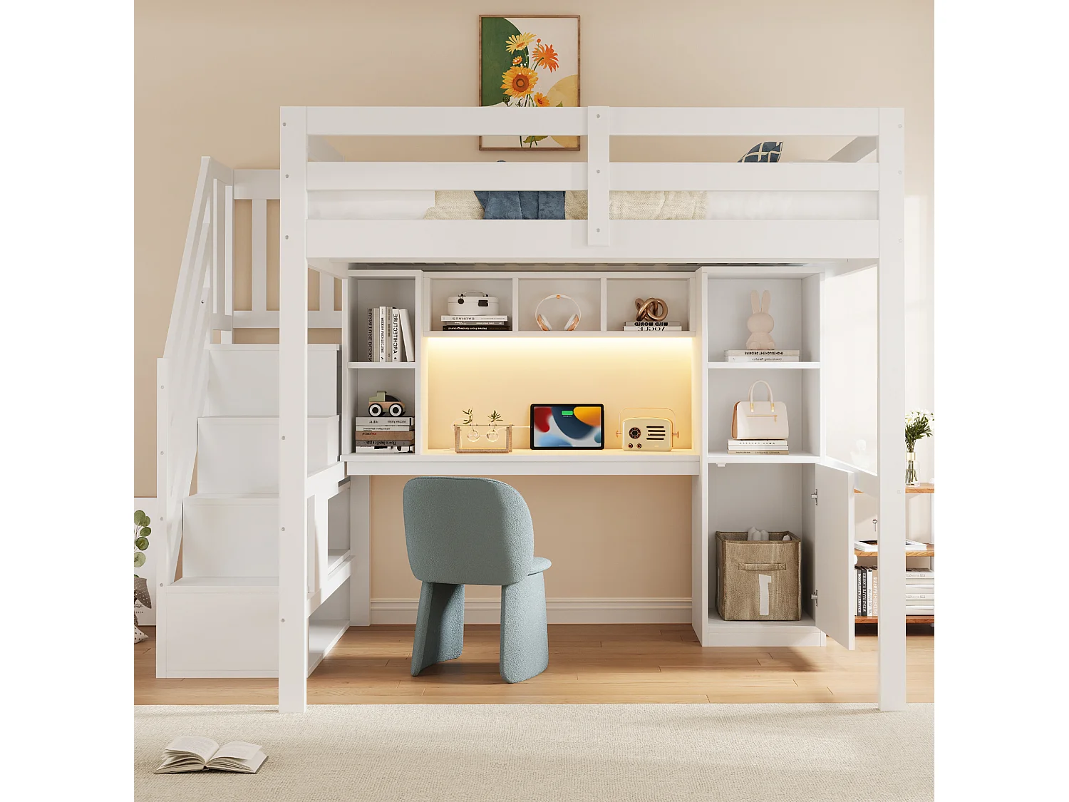 Lit mezzanine enfant 140x200 cm avec bureau, LED et rangement - Banc