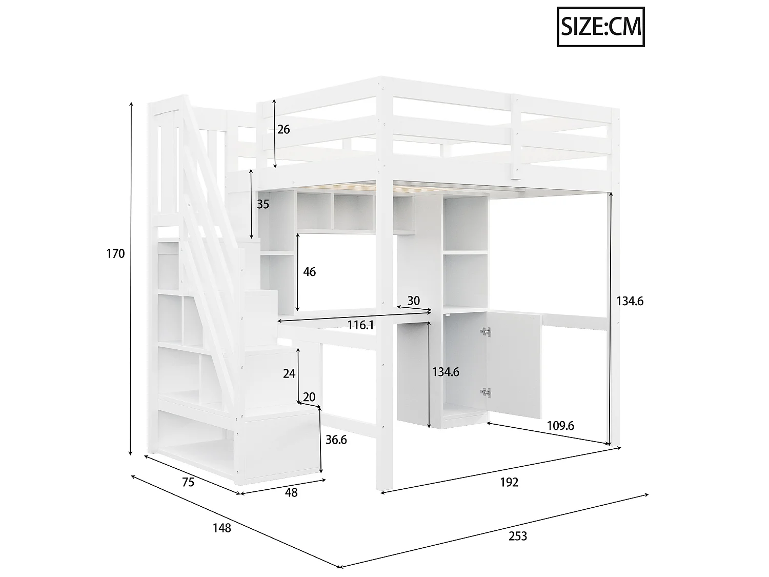 Lit mezzanine enfant 140x200 cm avec bureau, LED et rangement - Banc
