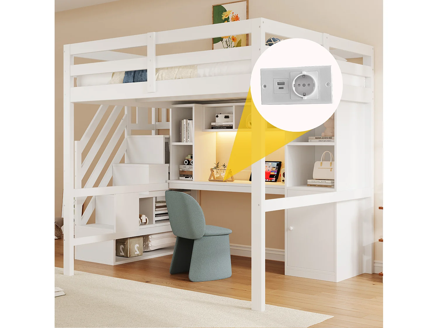Lit mezzanine enfant 140x200 cm avec bureau, LED et rangement - Banc