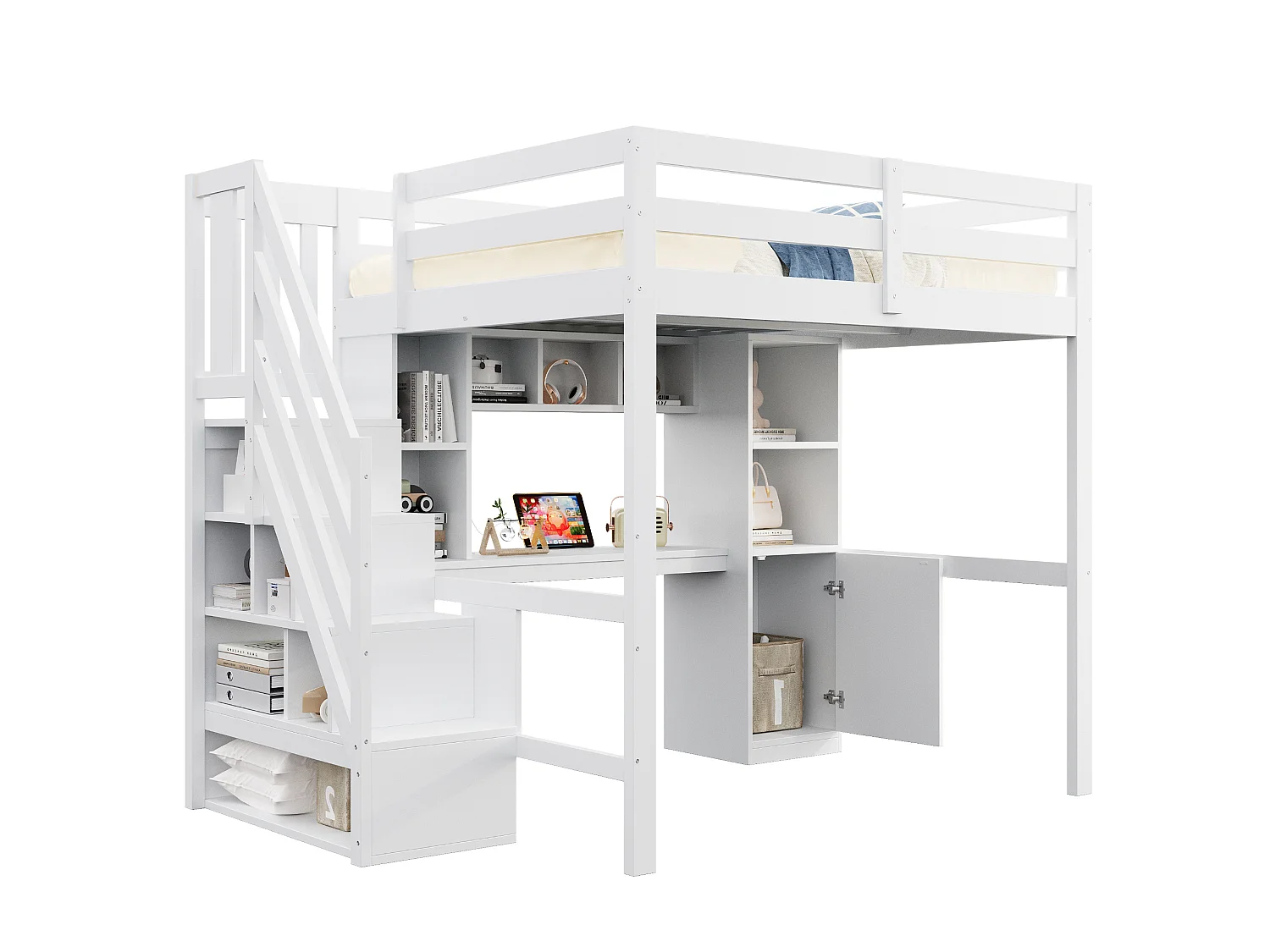Lit mezzanine enfant 140x200 cm avec bureau, LED et rangement - Banc