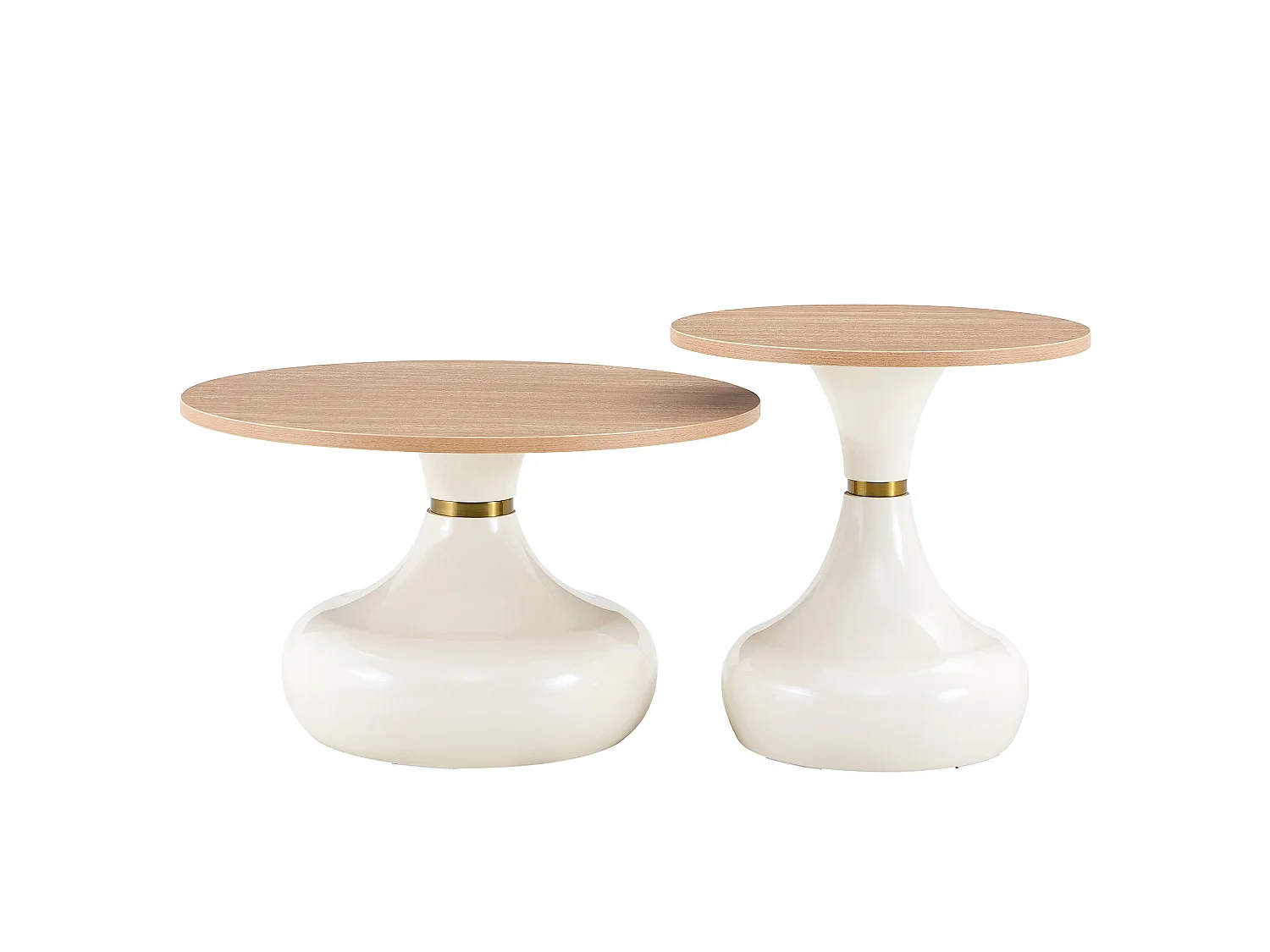 Set di 2 tavolini rotondi, 70 cm + 50 cm, bianchi - Legno e metallo