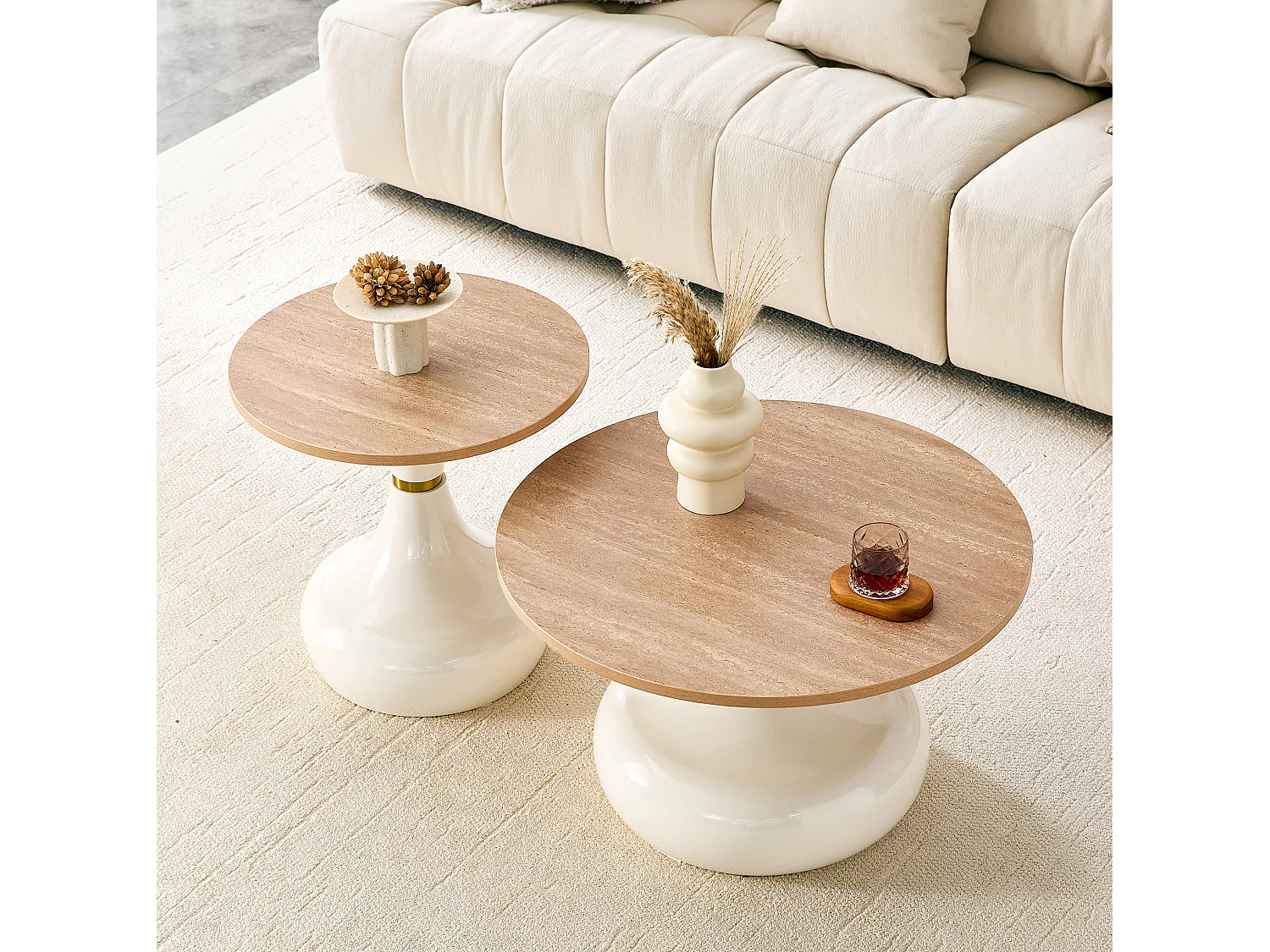 Set di 2 tavolini rotondi, 70 cm + 50 cm, bianchi - Legno e metallo