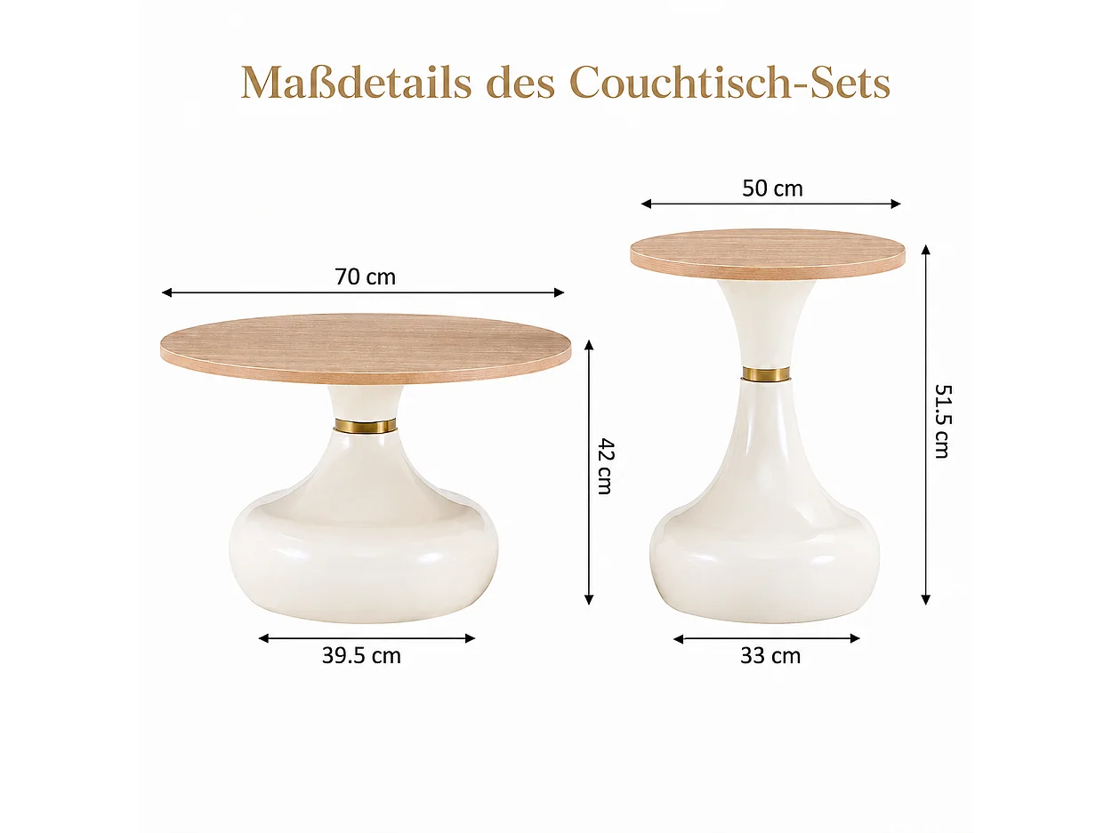 Set di 2 tavolini rotondi, 70 cm + 50 cm, bianchi - Legno e metallo