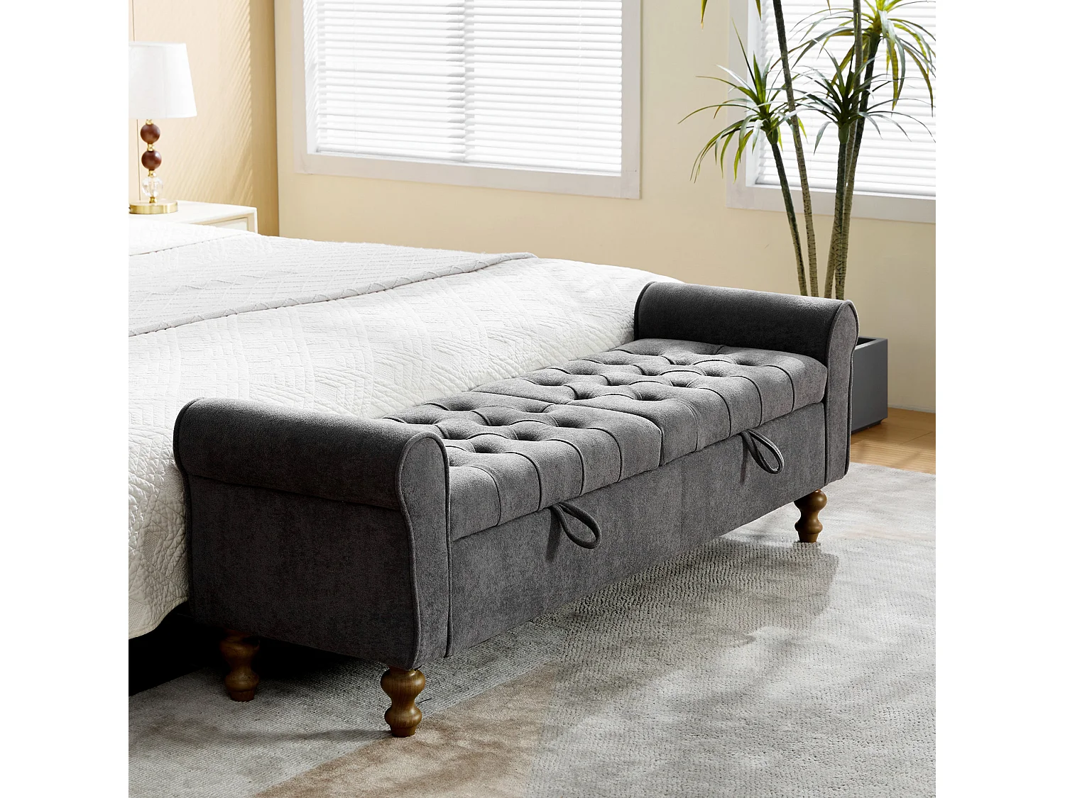 Bout de lit 156x46x51 cm chenille avec rangement - Pieds en bois - Anthracite grsi