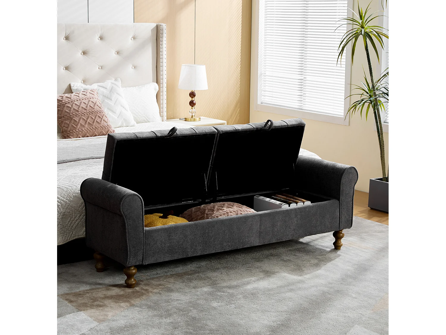 Bout de lit 156x46x51 cm chenille avec rangement - Pieds en bois - Anthracite grsi