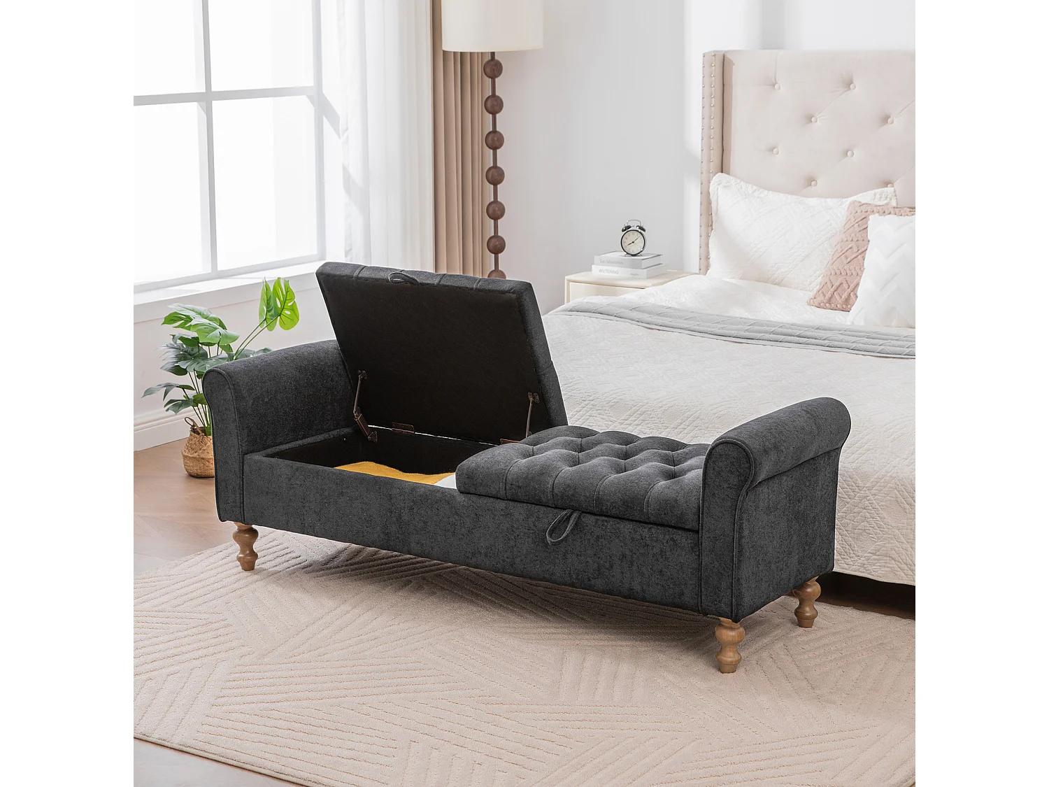 Bout de lit 156x46x51 cm chenille avec rangement - Pieds en bois - Anthracite grsi