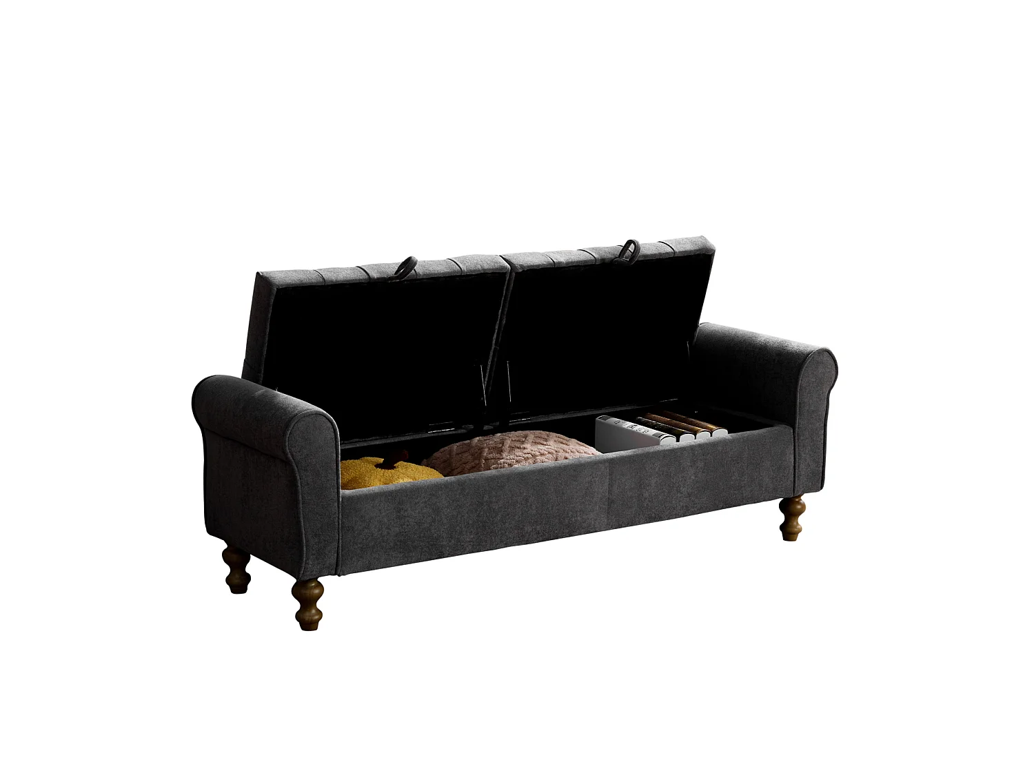 Bout de lit 156x46x51 cm chenille avec rangement - Pieds en bois - Anthracite grsi