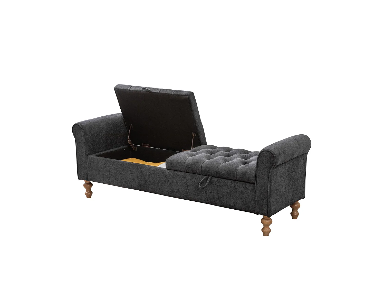 Bout de lit 156x46x51 cm chenille avec rangement - Pieds en bois - Anthracite grsi