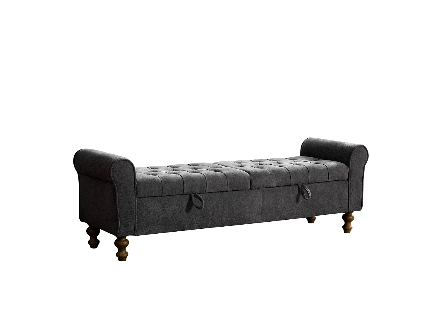 Bout de lit 156x46x51 cm chenille avec rangement - Pieds en bois - Anthracite grsi
