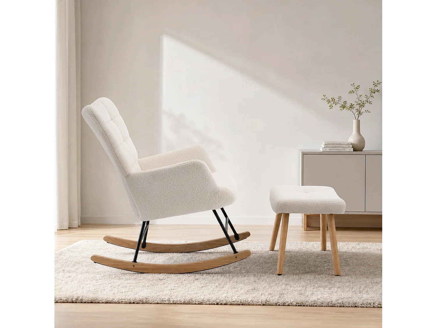 Rocking chair avec repose-pieds et dossier haut - Tissu beige