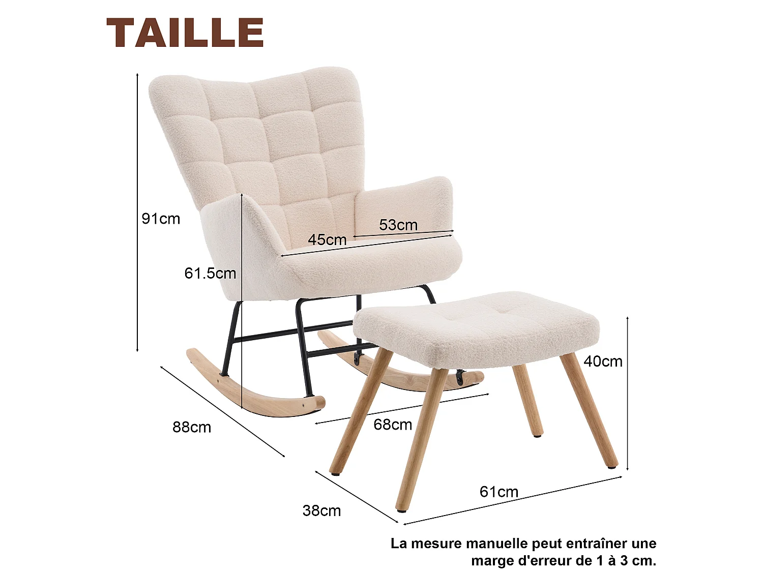 Rocking chair avec repose-pieds et dossier haut - Tissu beige