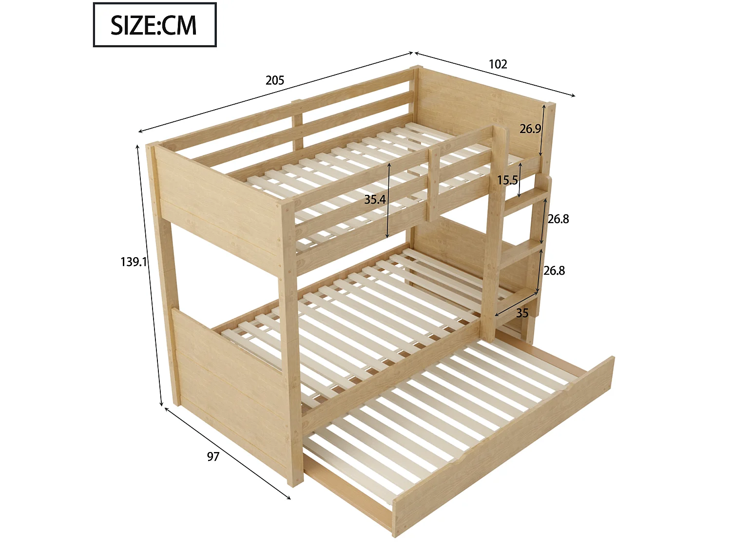 Beliche infantil 90x200 cm com cama auxiliar 90x190 cm convertível em cama individual - Cor madeira