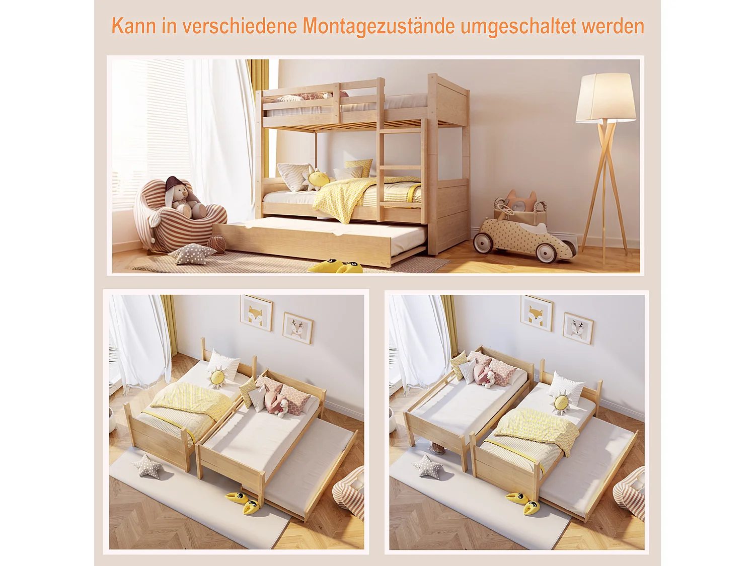 Beliche infantil 90x200 cm com cama auxiliar 90x190 cm convertível em cama individual - Cor madeira