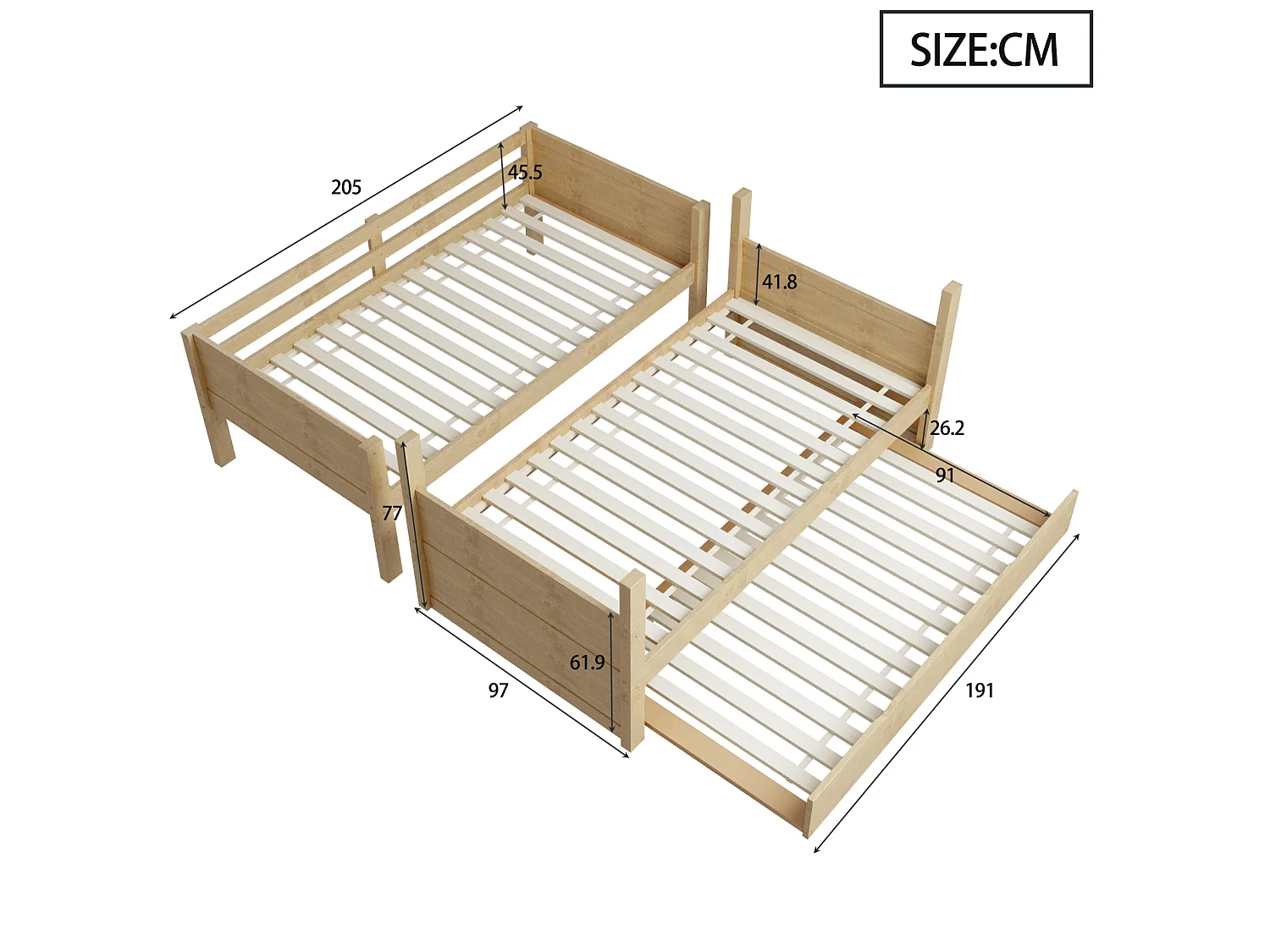 Beliche infantil 90x200 cm com cama auxiliar 90x190 cm convertível em cama individual - Cor madeira