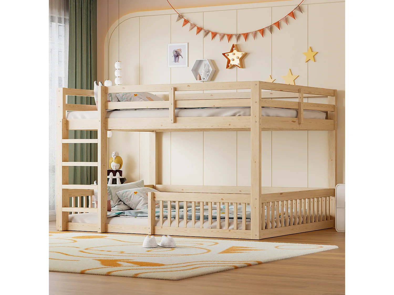 Lit superposé enfant 160x200 cm avec échelle et sommier à lattes - Bois en pin et MDF - Naturel clair