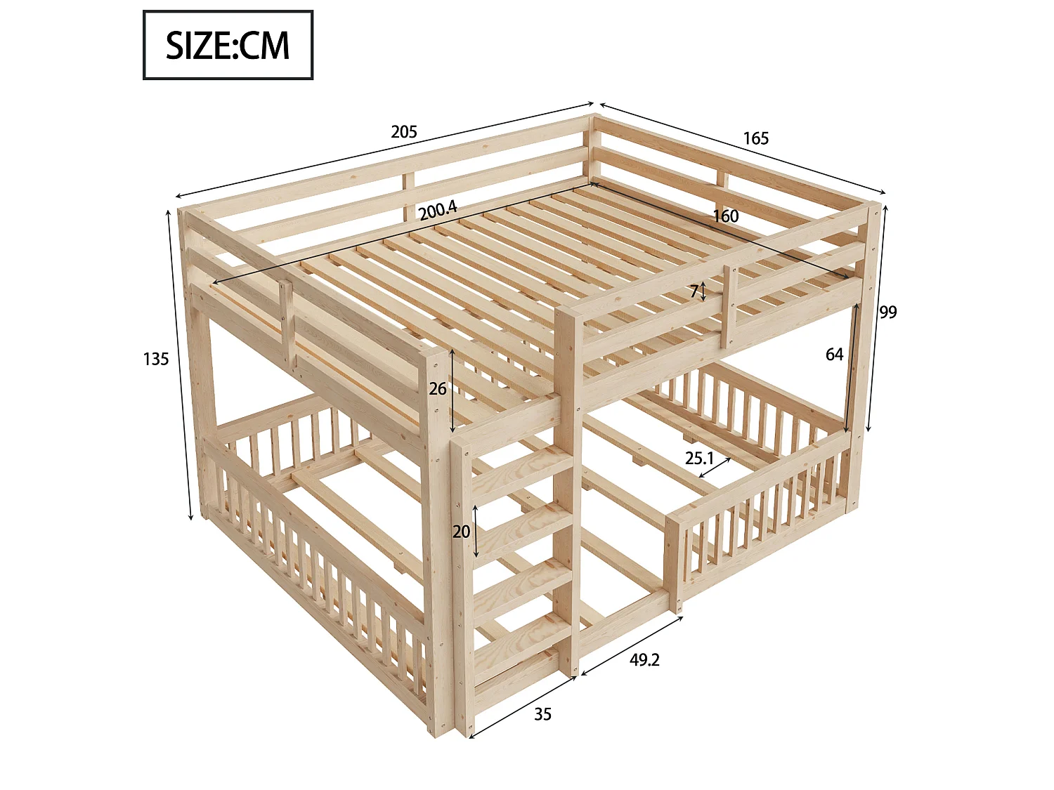 Lit superposé enfant 160x200 cm avec échelle et sommier à lattes - Bois en pin et MDF - Naturel clair