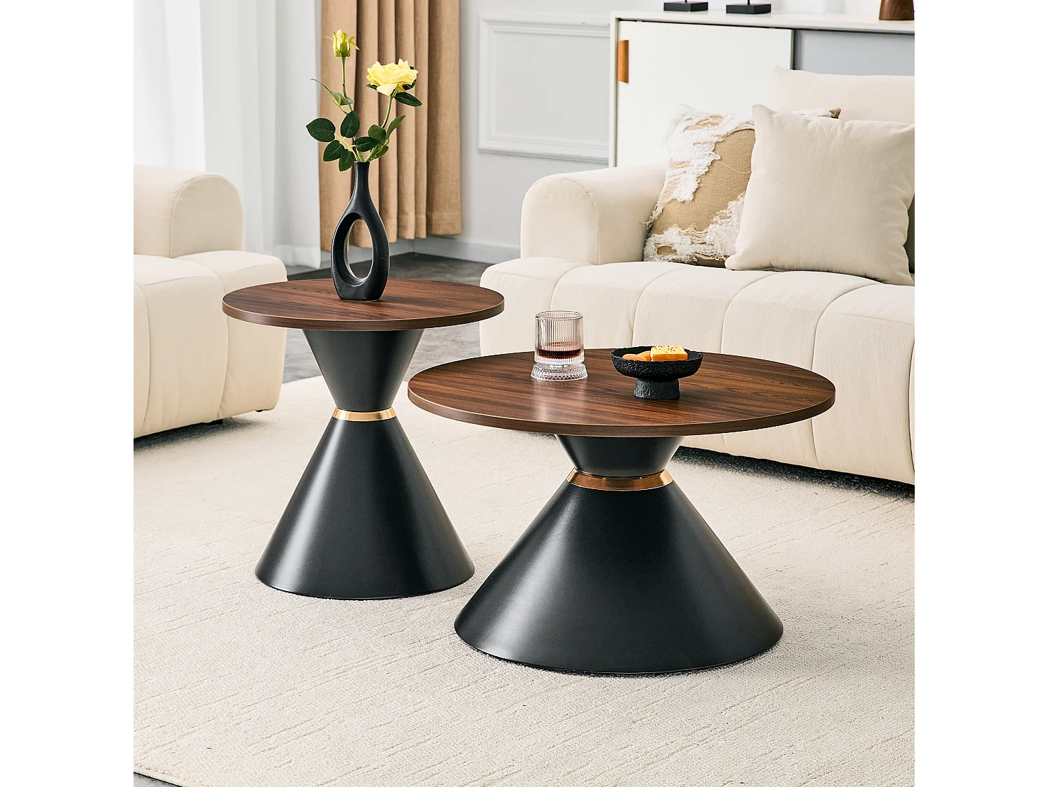 Lot de 2 tables basses rondes 70 cm et 50 cm finition noyer et noir